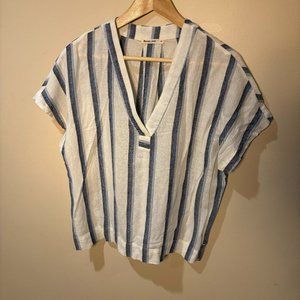 Marine Layer Linen Blend Striped V Neck Top - Medium, White Blue
